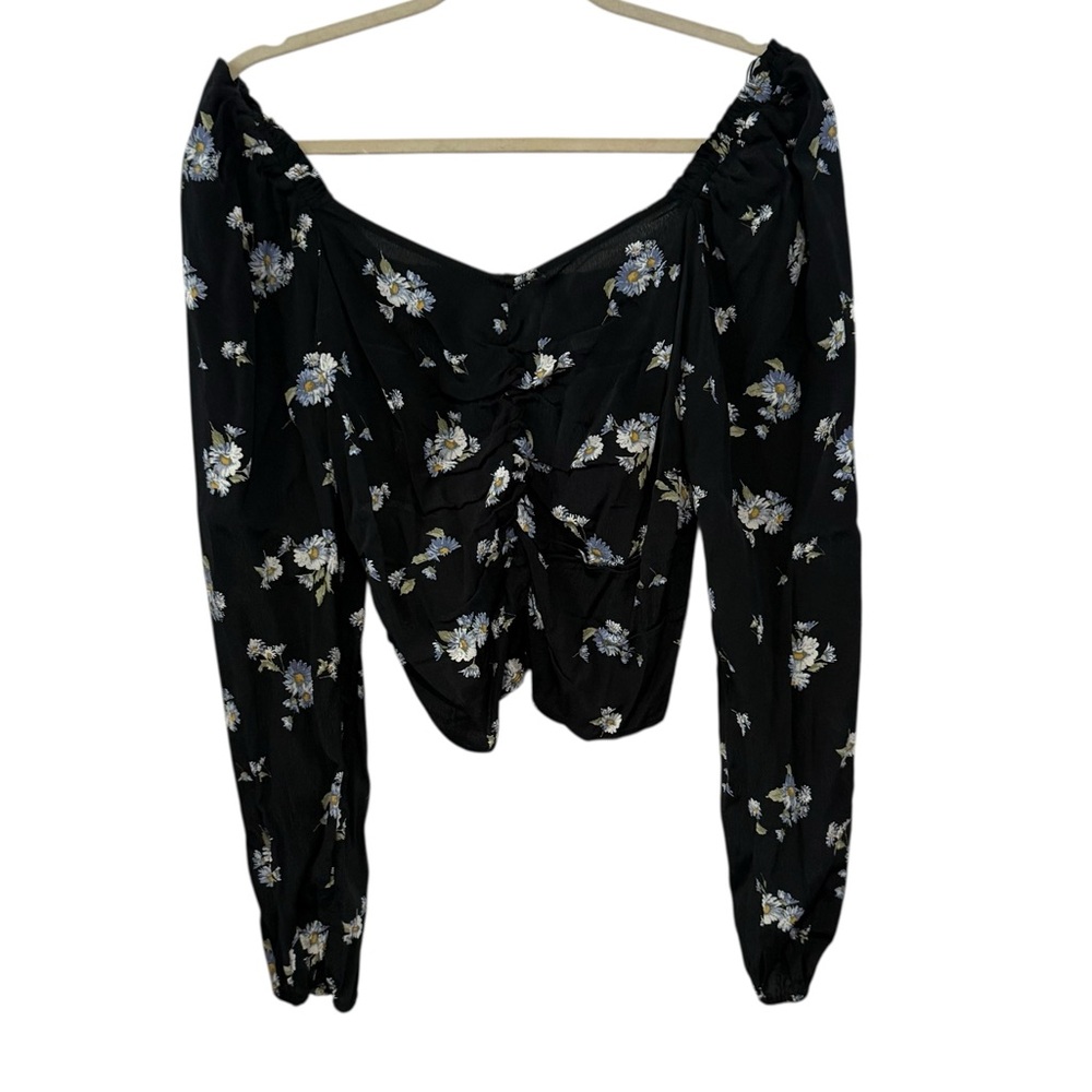 NWT Sophie Rue Medium Black Floral Long Sleeve Off Shoulder Smocked Crop Blouse